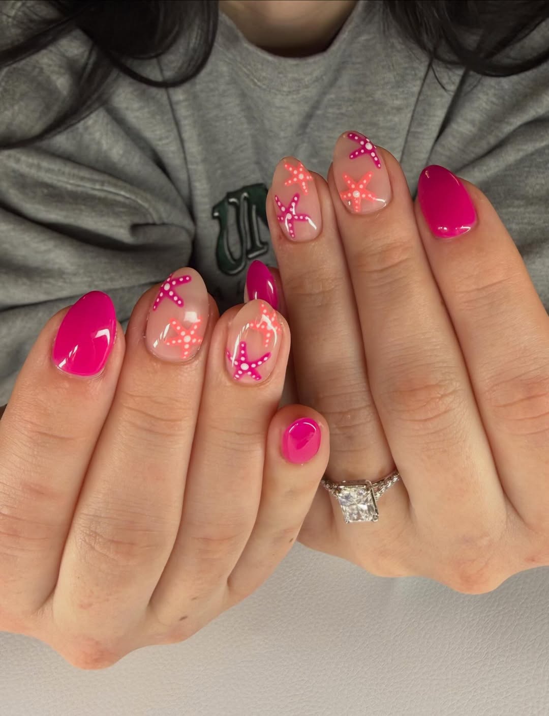 Hot Pink Starfish Almond Vacation Nails