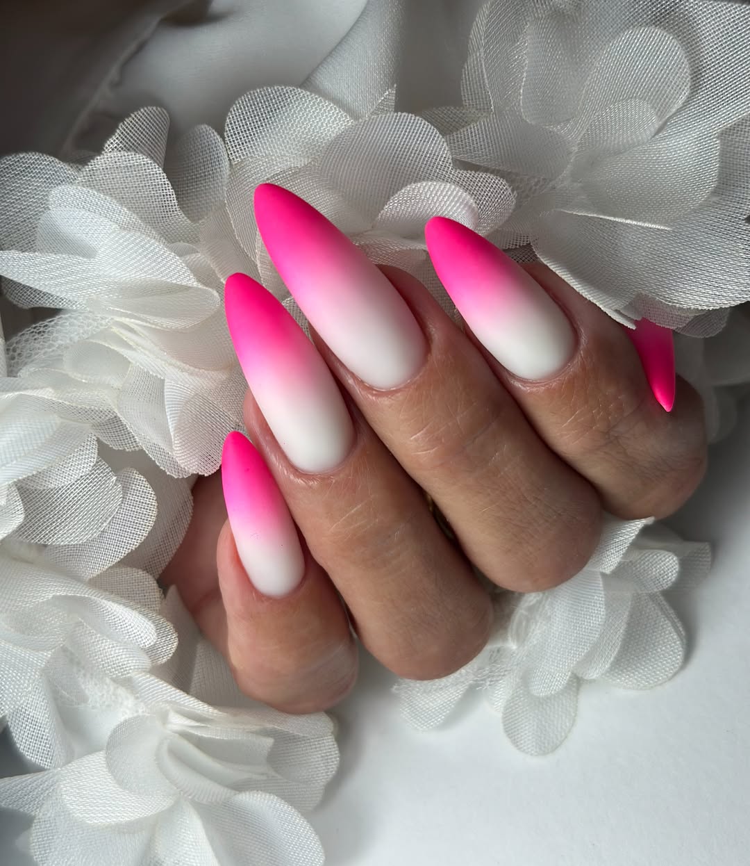 Hot Pink to White Ombre Matte Stiletto Nails
