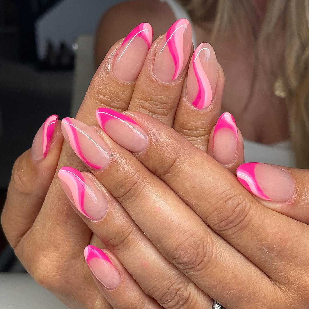 Hot Pink Wavy Swirl Almond Nails