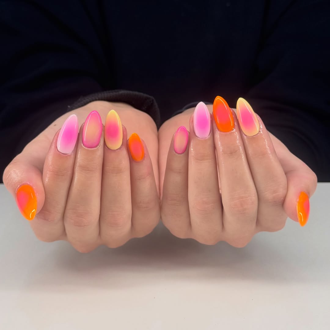 Hot Pink Yellow Peach Glossy Ombré Almond Nails