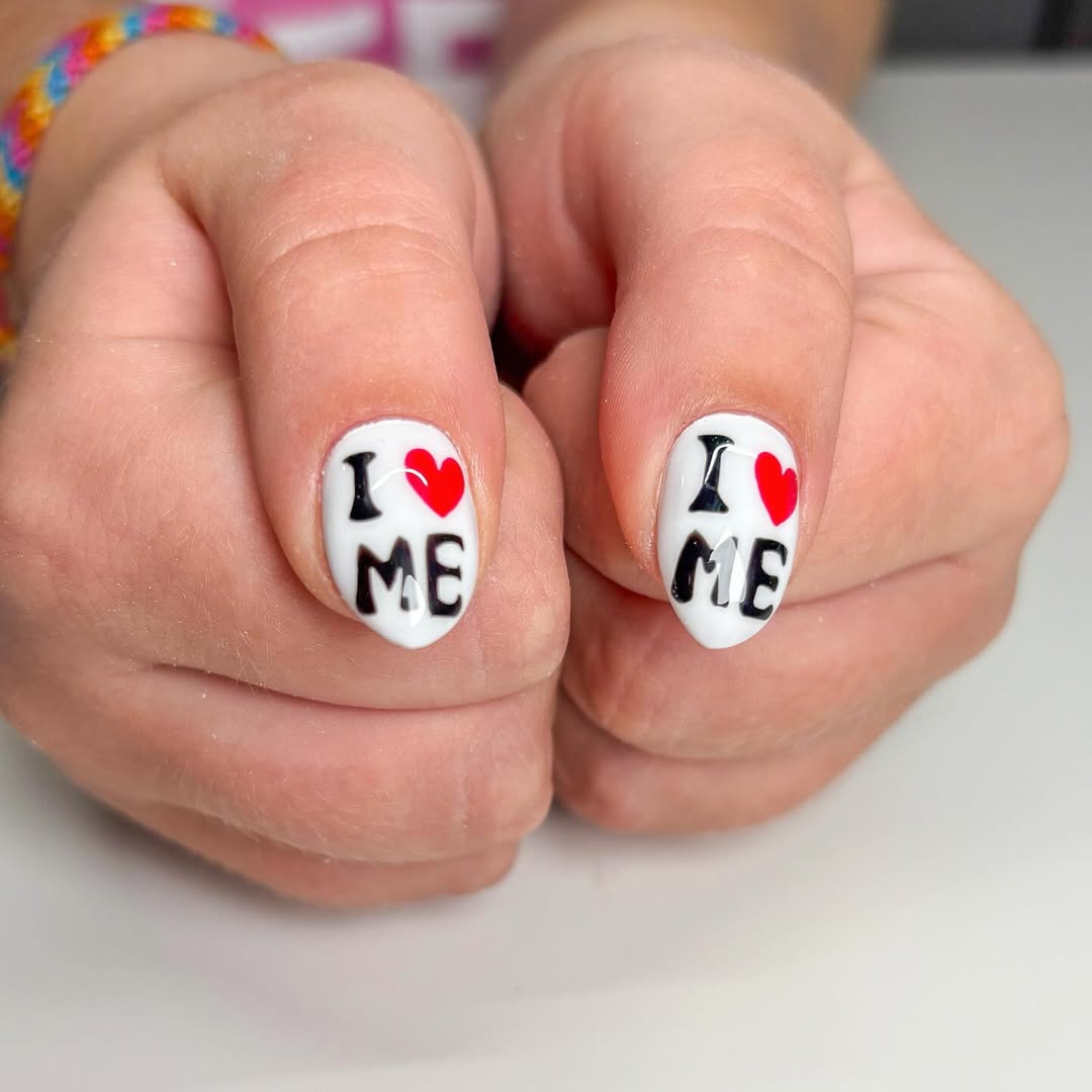 I Love Me White Glossy Oval Nails