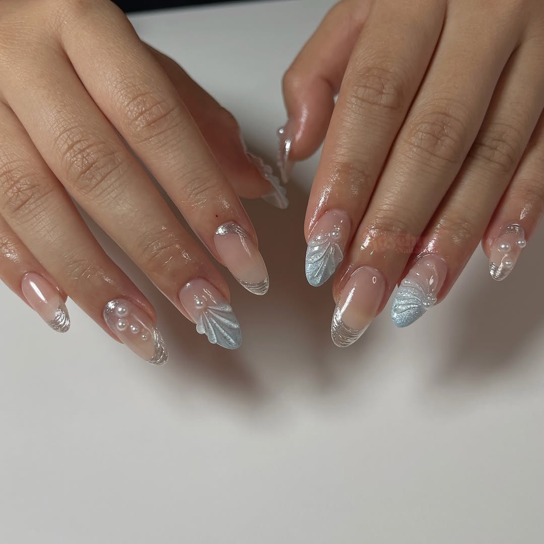 Iridescent Light Blue Seashell Oval Nails With Pearls