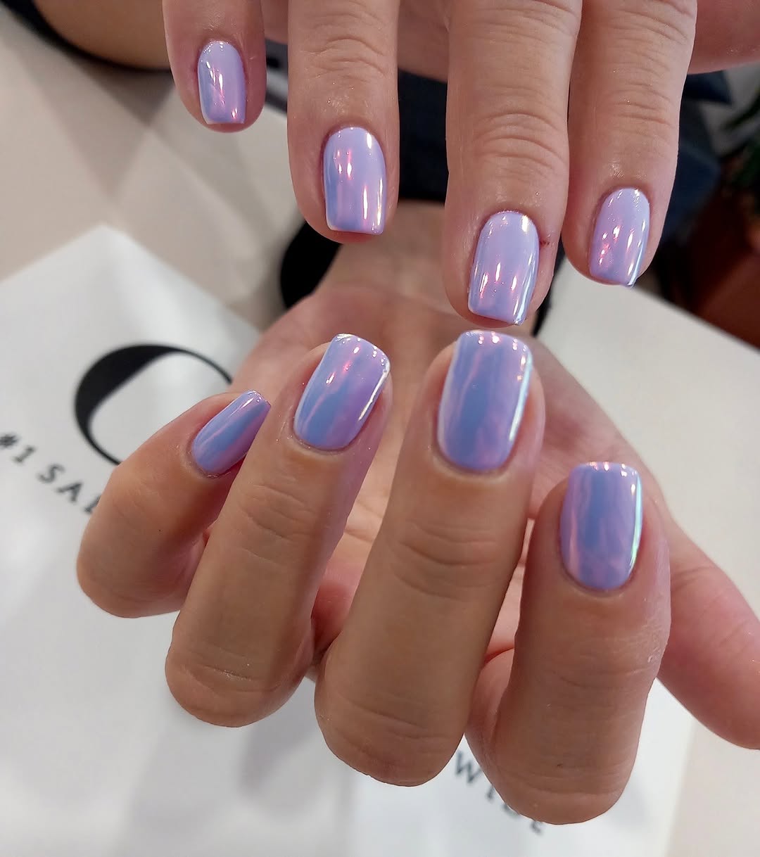 Iridescent Lilac Short Squoval Chrome Nails