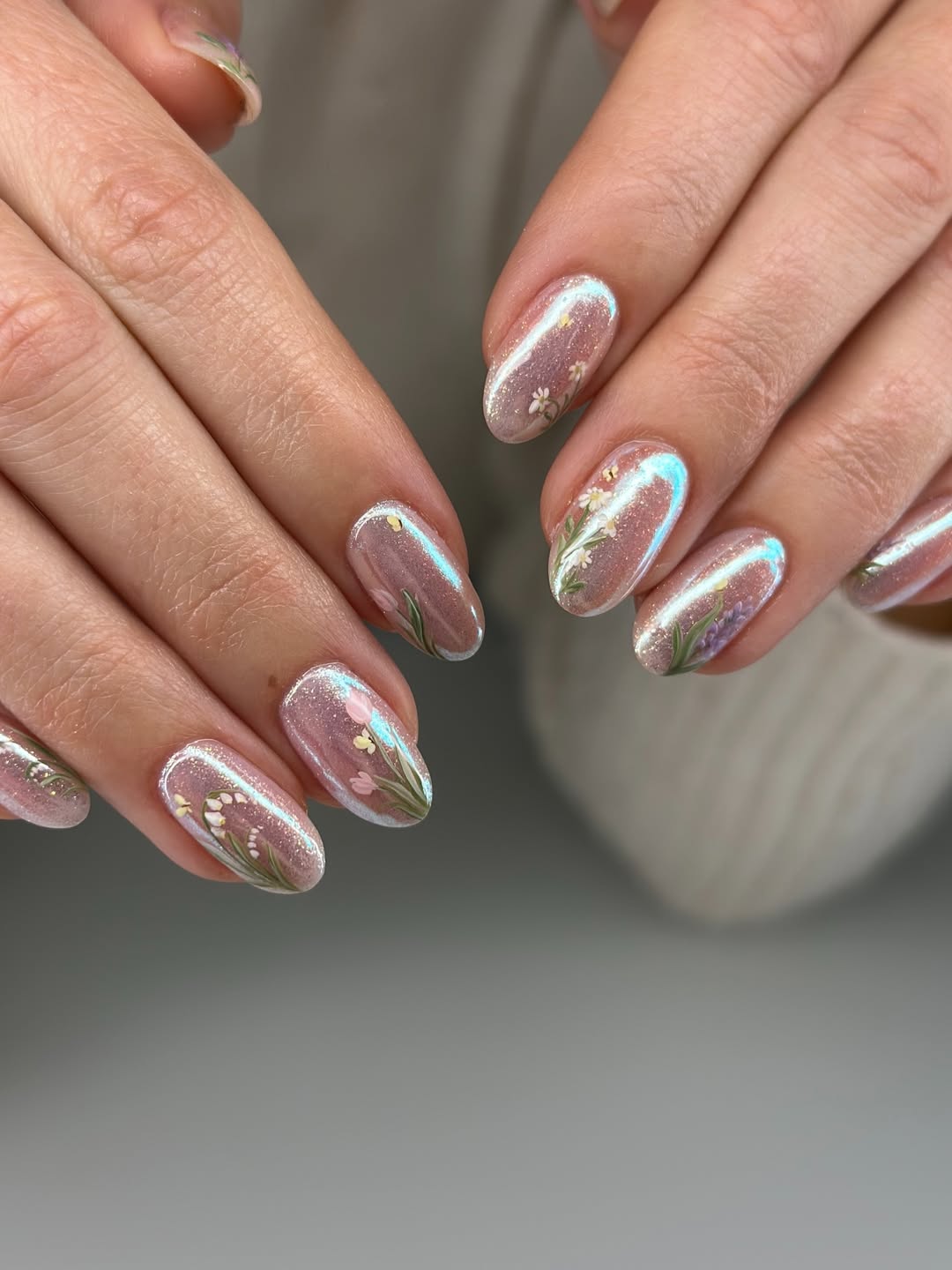 Iridescent Milky Floral French Tips