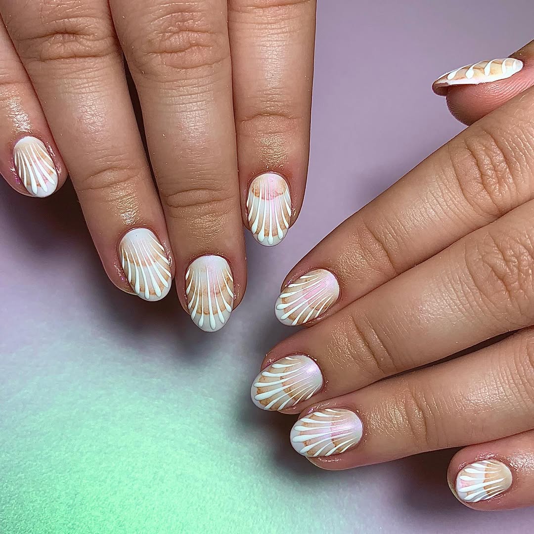 Iridescent Milky Seashell Nails with 3D Ribs