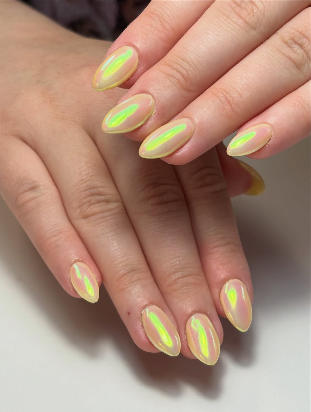 Iridescent Neon Green Oval Aura Nails
