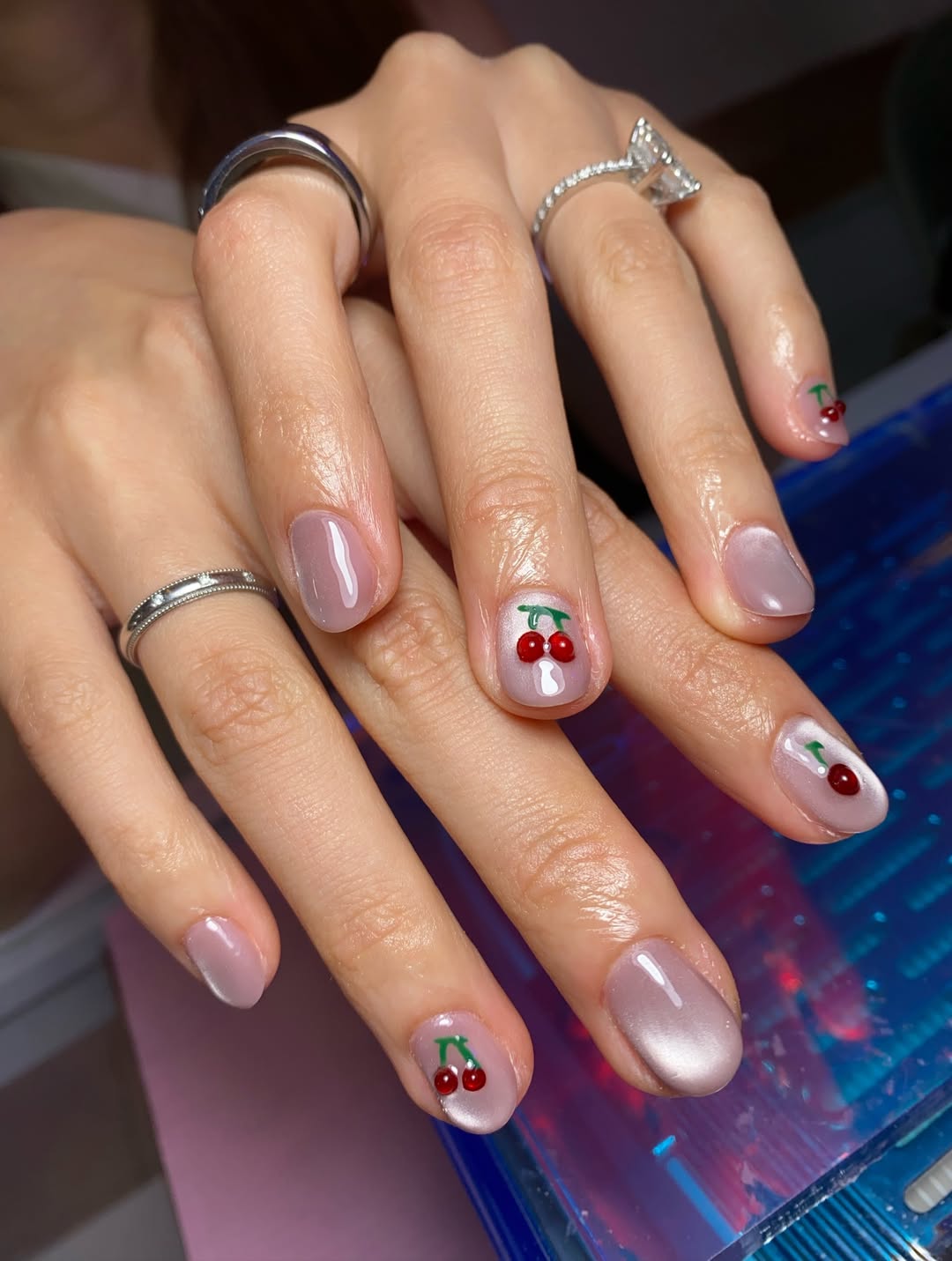 Iridescent Pink Cherry Blossom Short Oval Nails