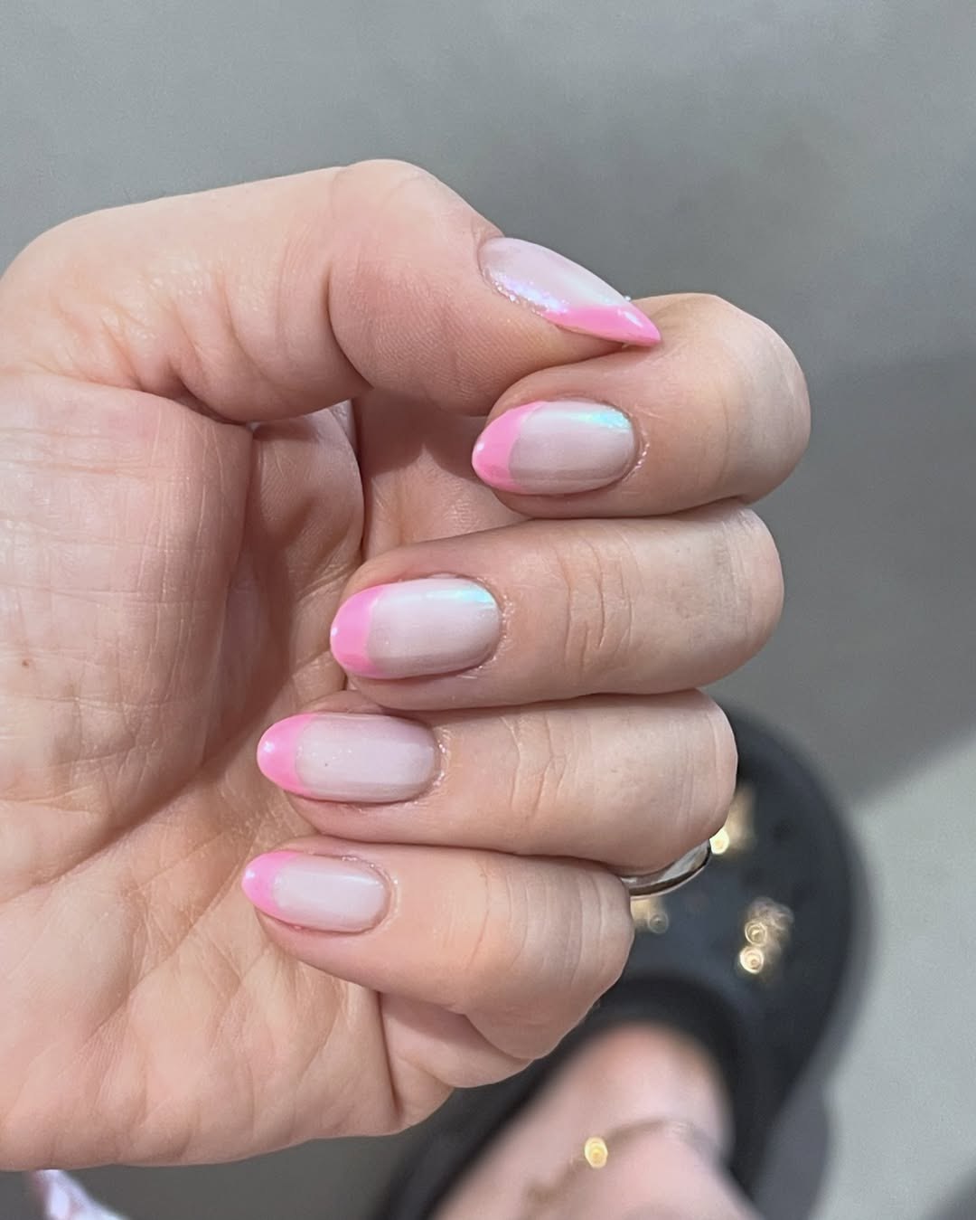 Iridescent Pink French Tip Almond Nails