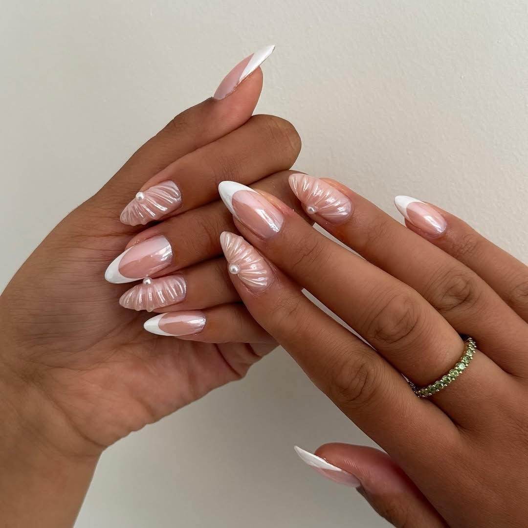 Iridescent Pink Seashell French Pearl Nails