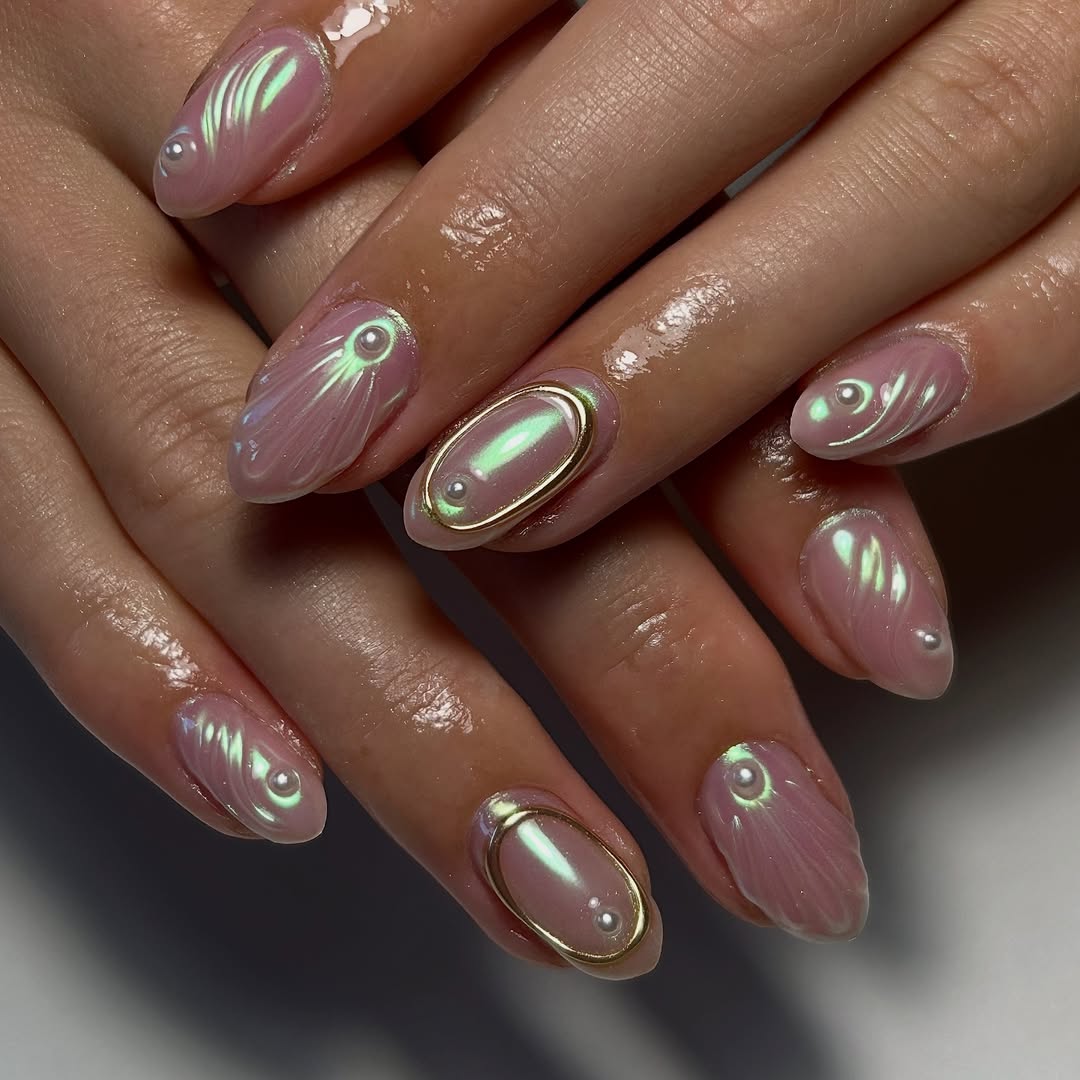 Iridescent Pink Seashell Pearl Almond Nails