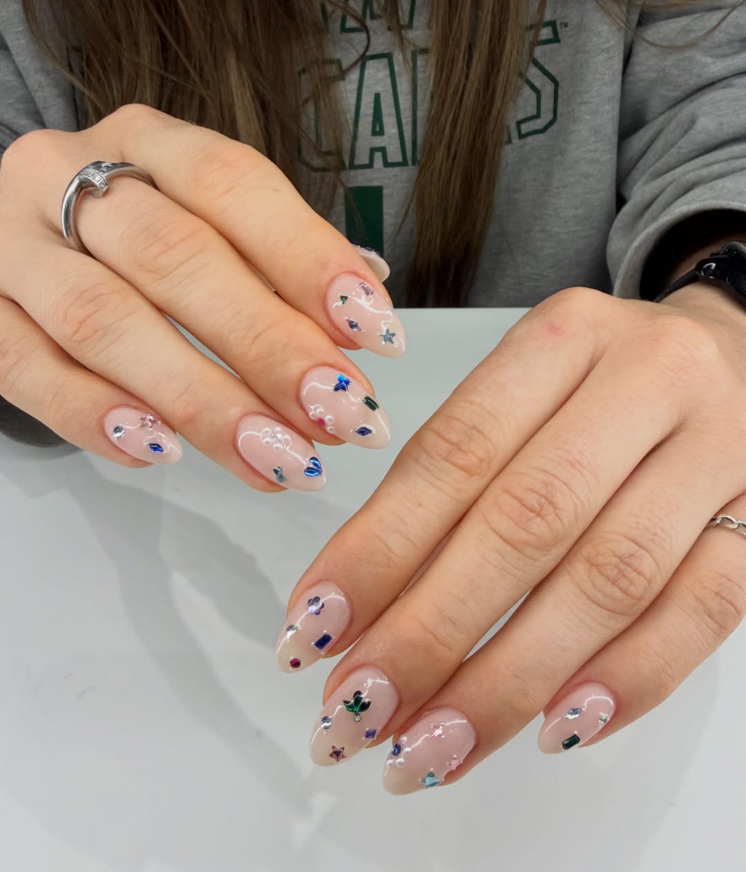 Iridescent Rhinestone Clear Nude Almond Nails