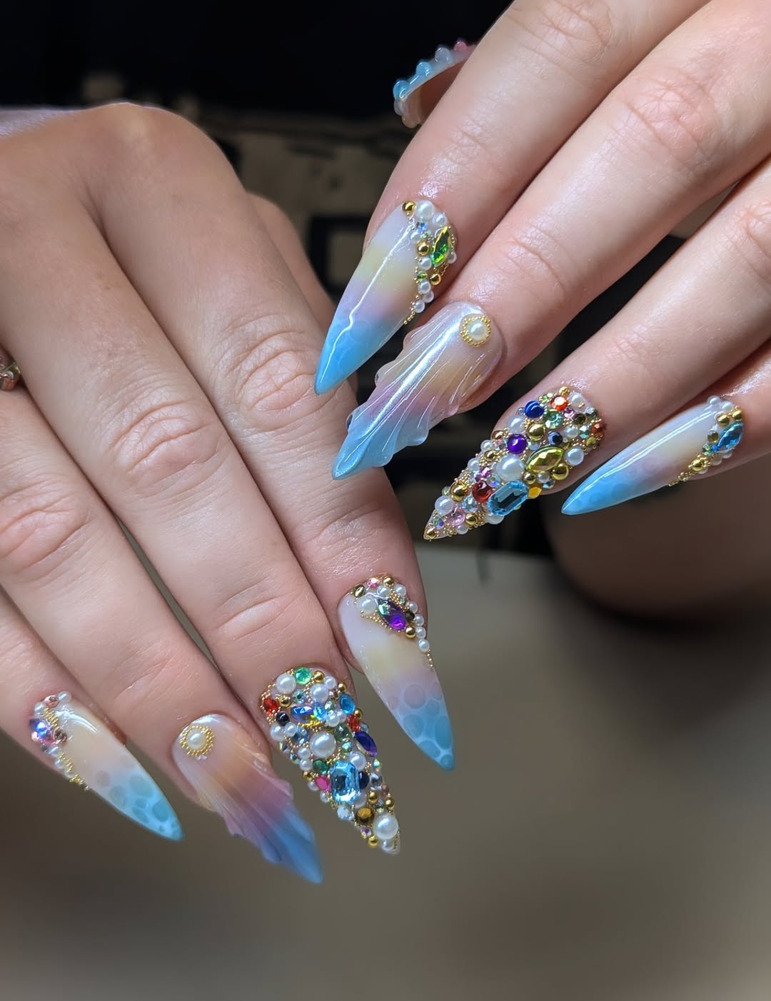 Iridescent Sea Pearl Crystal Stiletto Nails