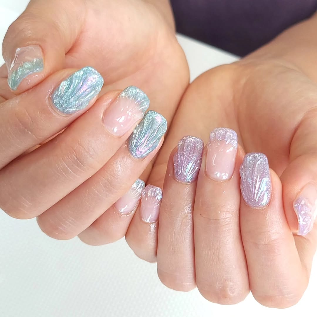 Iridescent Seafoam Lavender Shell Gel Nails