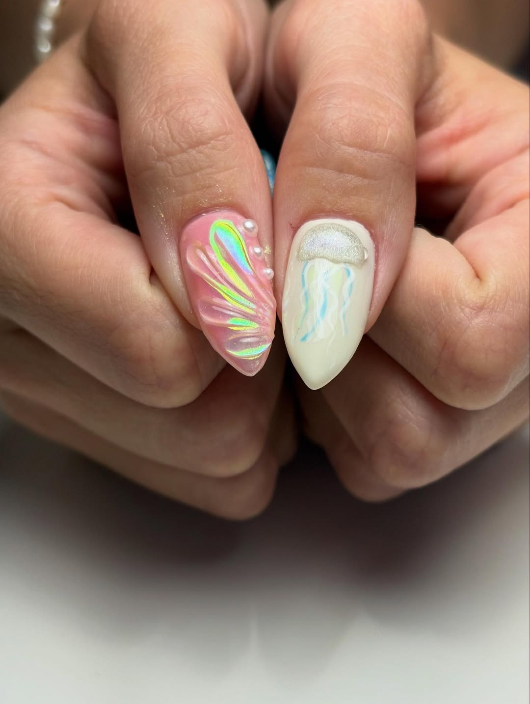 Iridescent Seashell Jellyfish Almond Vacation Nails