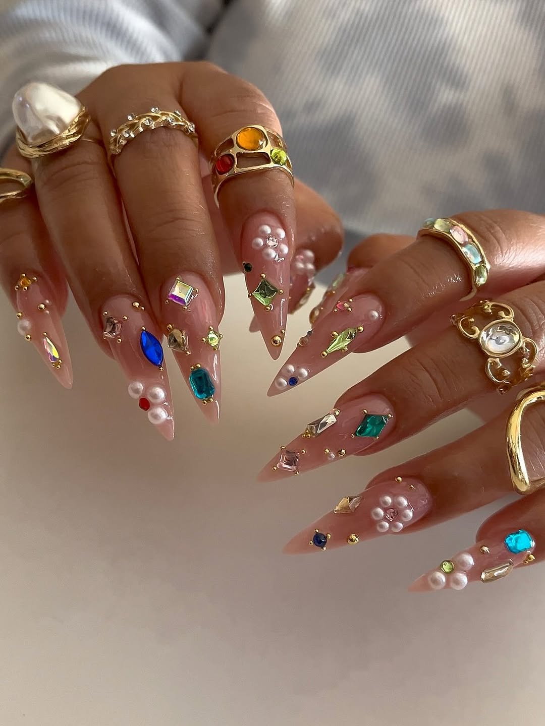 Jeweled Nude Stiletto Rhinestone Explosion Nails