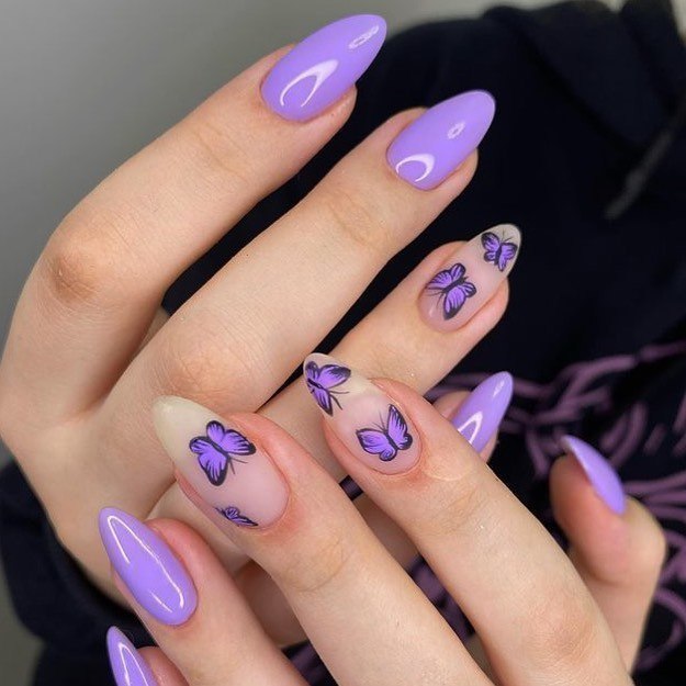 Lavender Butterflies Long Almond Glossy Nails