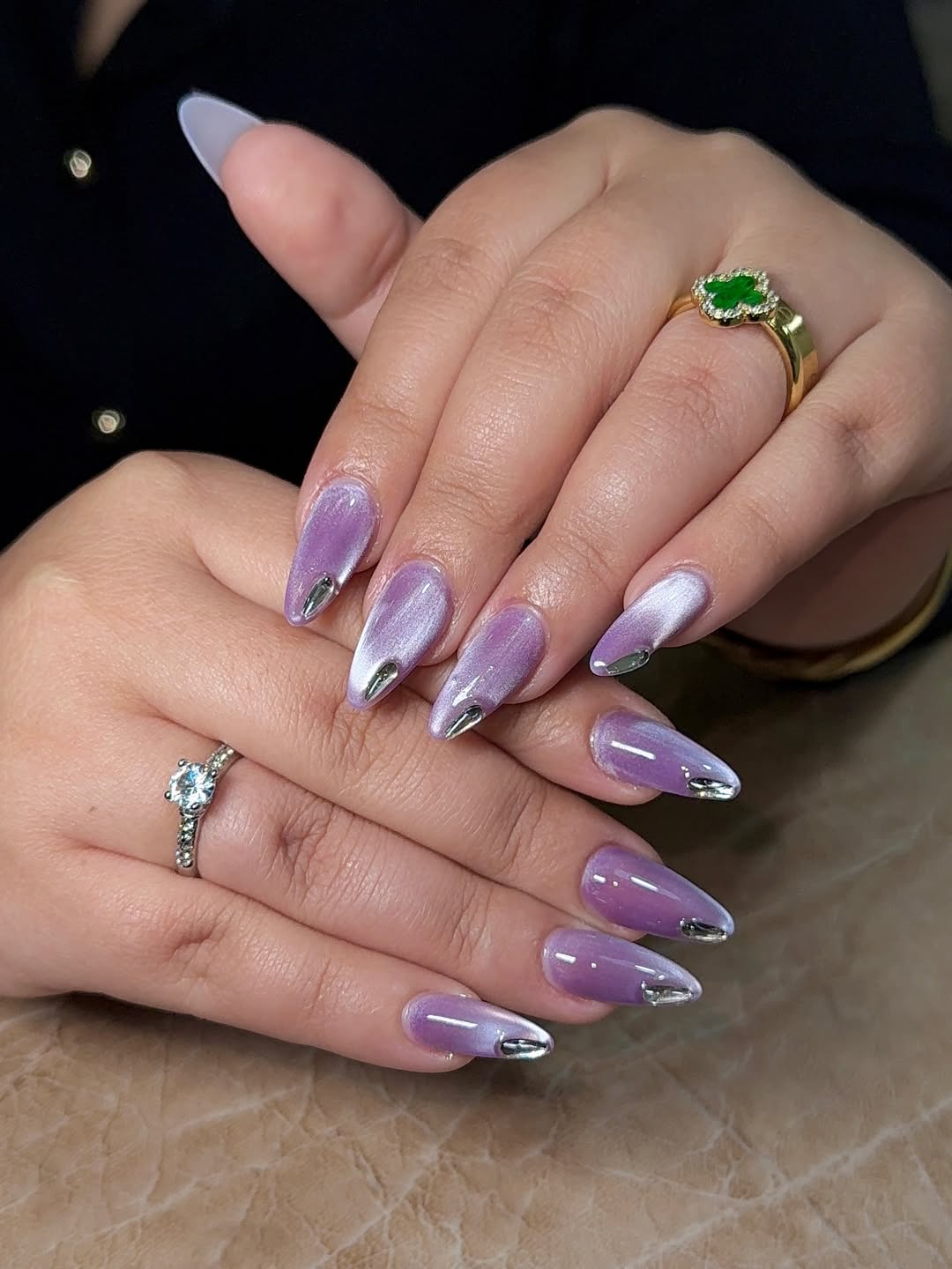 Lavender Cat Eye Almond Nails With Silver Tips
