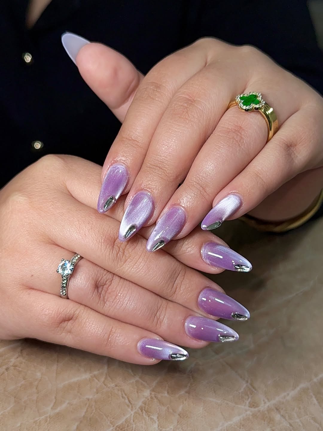 Lavender Cat Eye Silver V-Tip Stiletto Nails