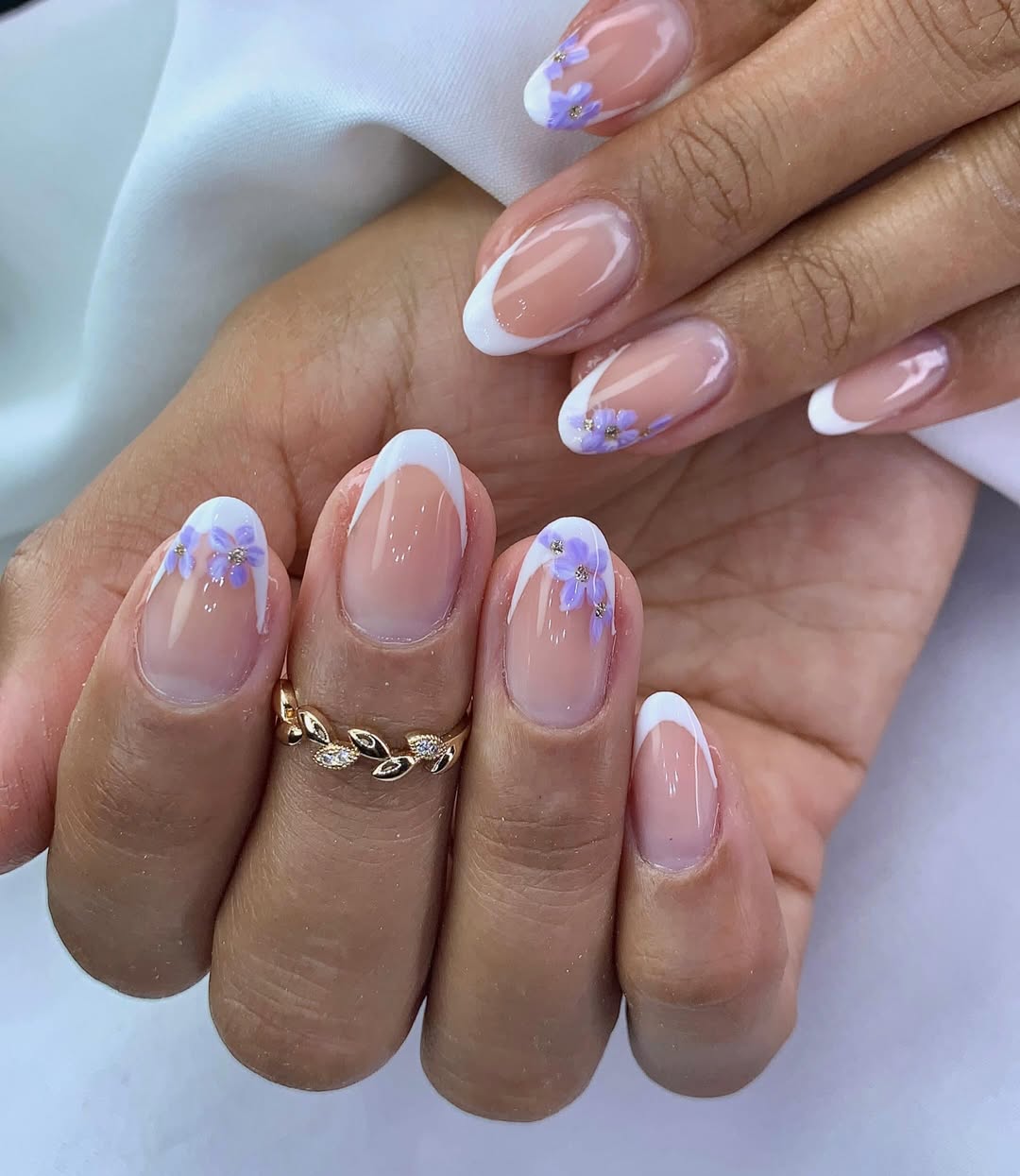 Lavender Floral French Tips with Glitter Accents
