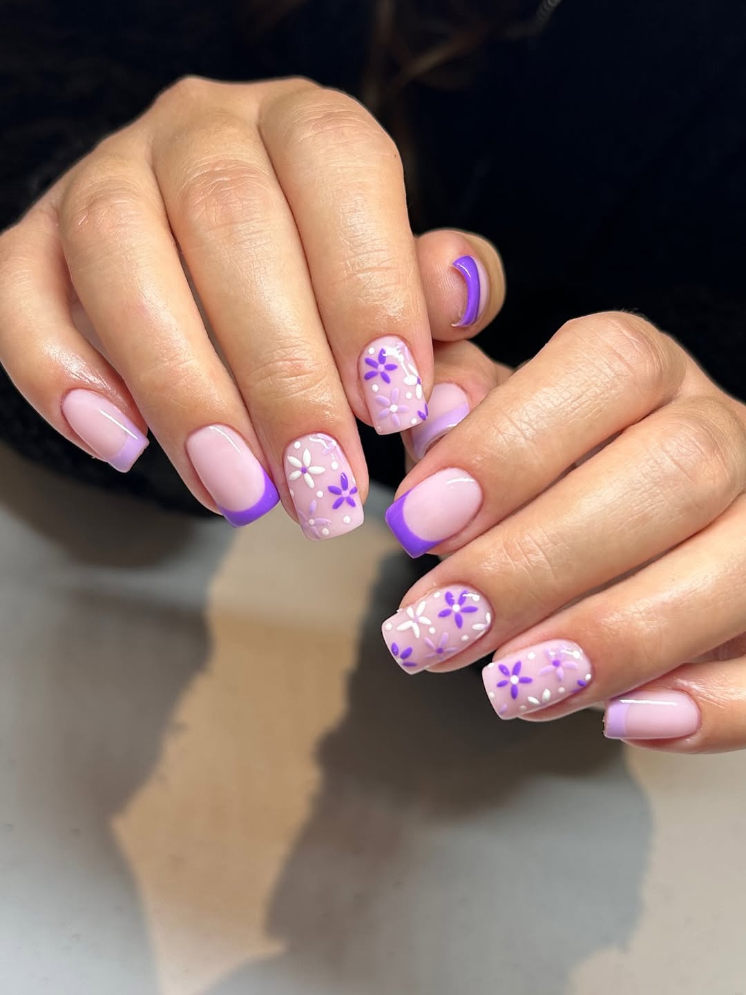 Lavender French Tips and Dainty Floral Accent Nails