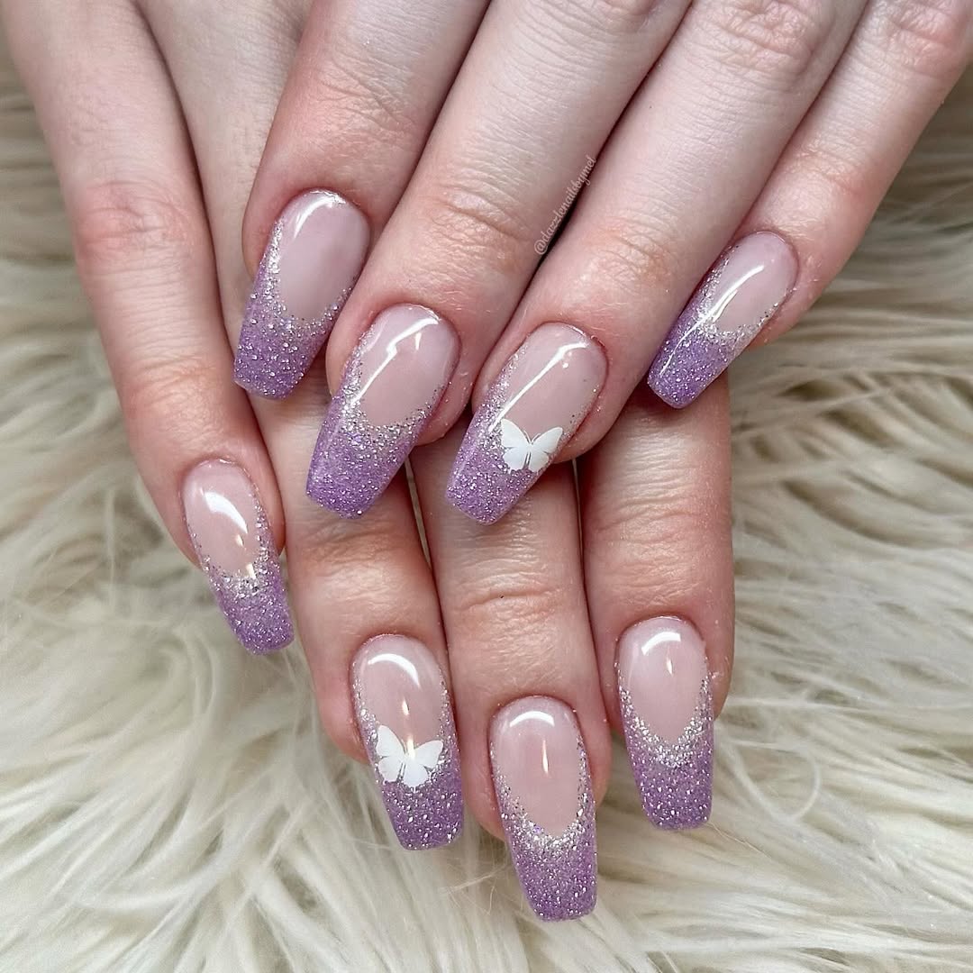 Lavender Glitter French Tips Butterfly Accents