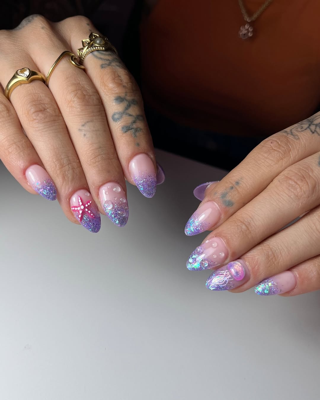 Lavender Glitter French Tips With Under The Sea Art