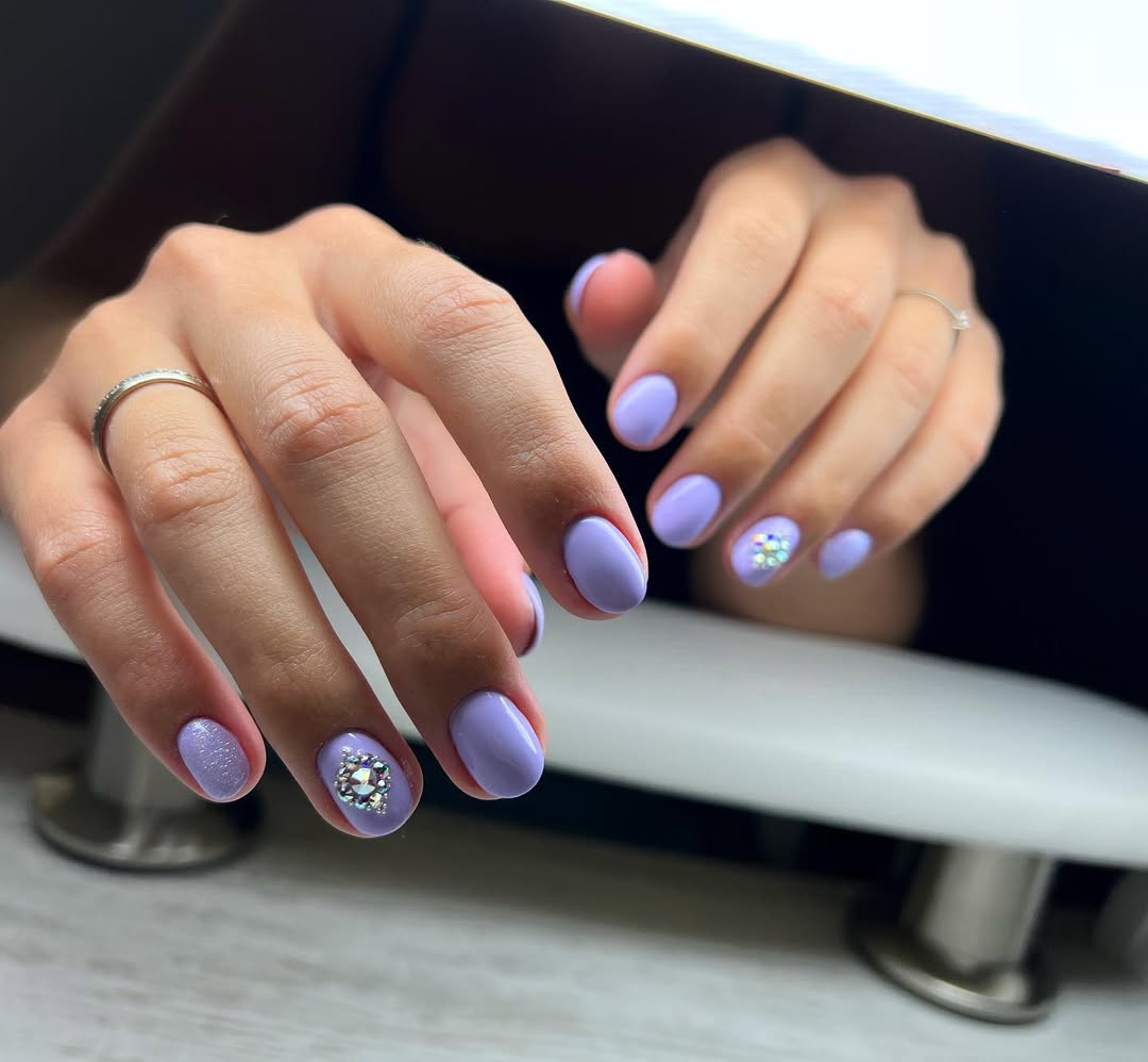 Lavender Glossy Oval Nails With Rhinestone Detail