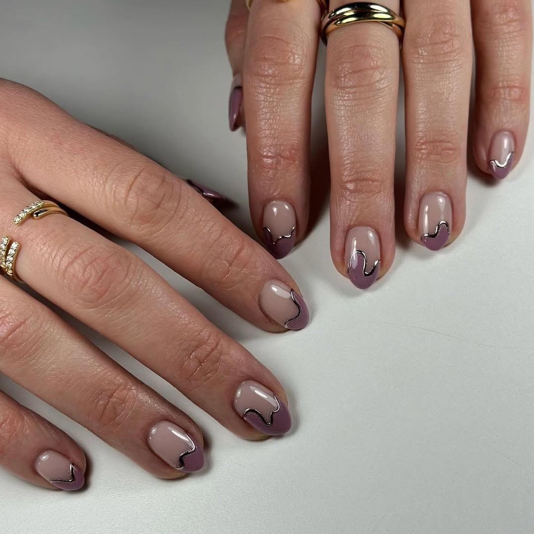 Lavender Mauve Wavy Abstract French Nude Nails