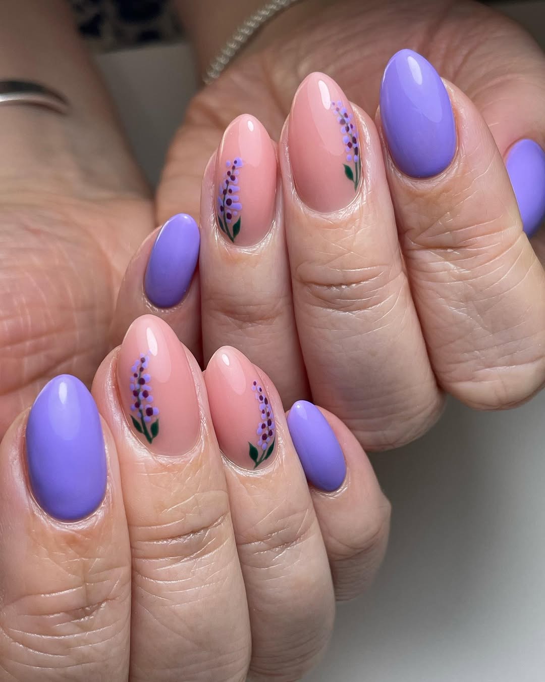 Lavender Periwinkle Pink Floral Glossy Almond Nails