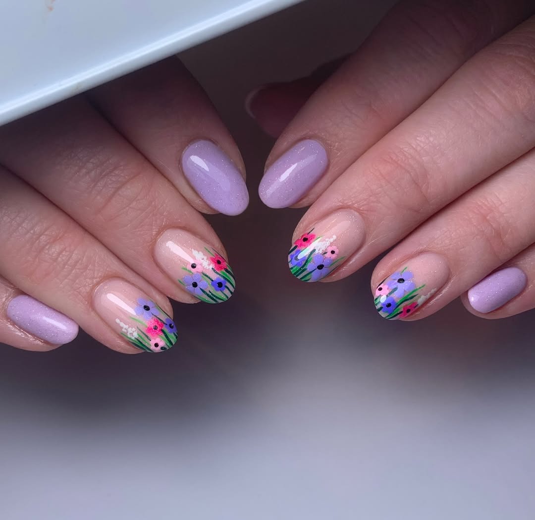 Lavender Shimmer with Hand-Painted Wildflower Accent Nails
