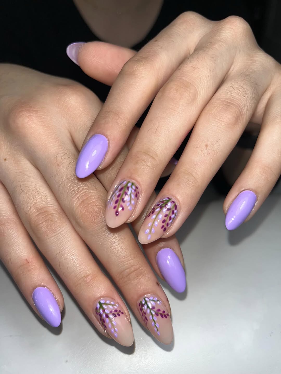 Lavender Wisteria Floral Almond Nails