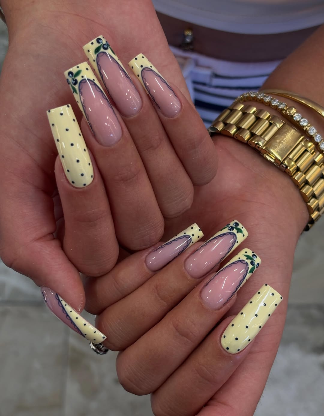 Lemon Polka Dot and Blueberry French Tip Square Nails
