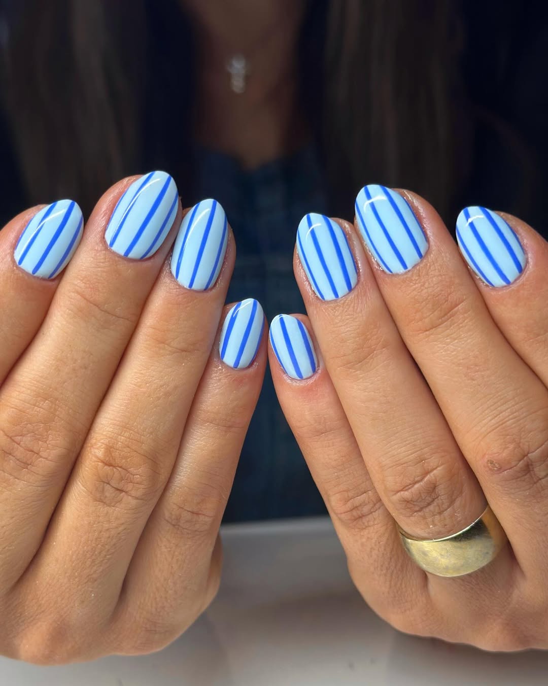 Light Blue and Cobalt Striped Oval Nails