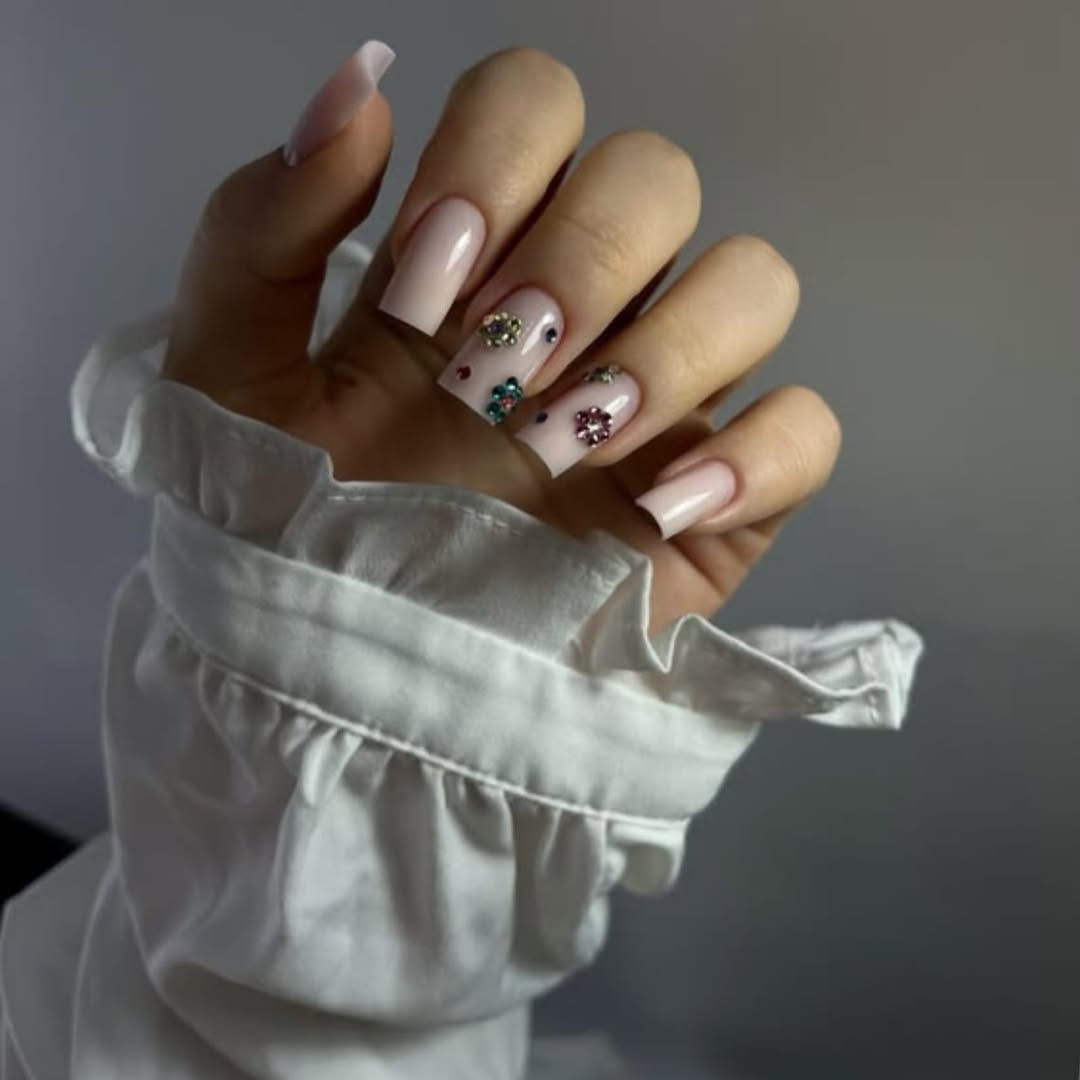 Light Nude Square Nails with Colorful Rhinestone Flowers