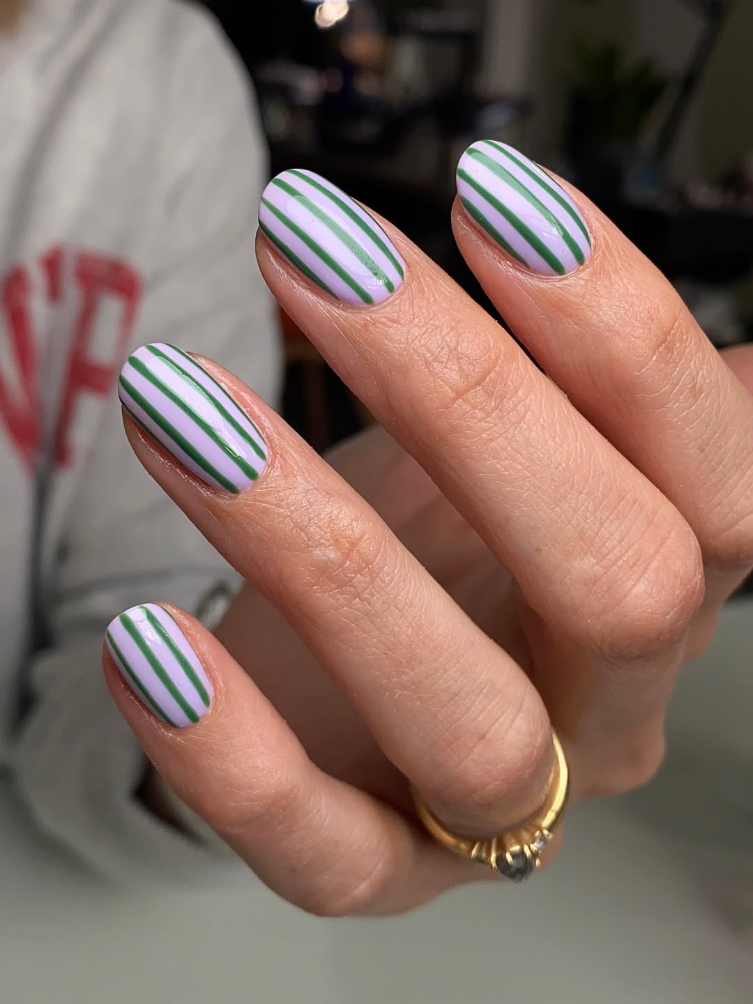 Lilac and Green Striped Short Oval Nails
