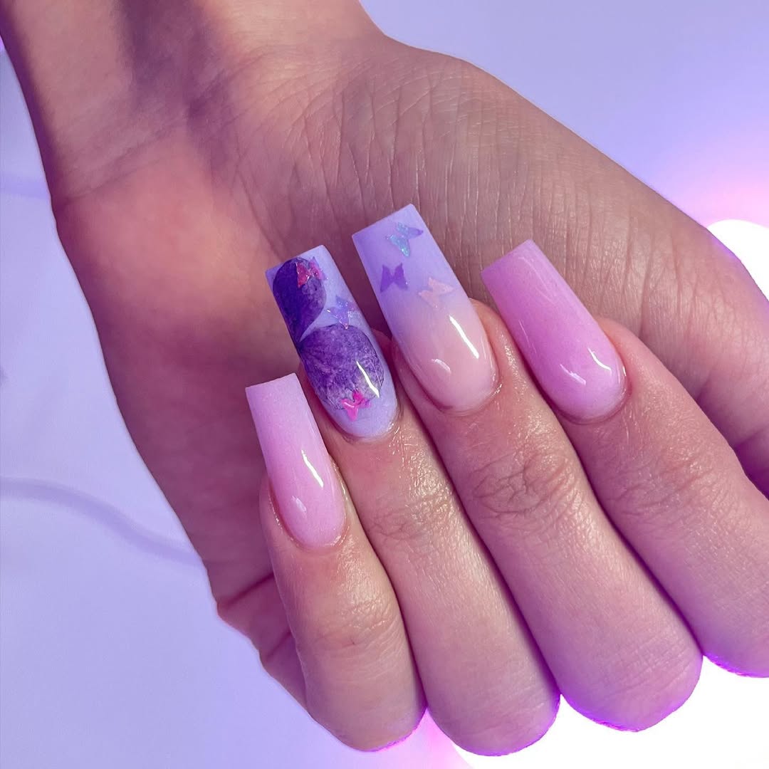 Lilac Ombre Butterflies with Heart Accent Nails
