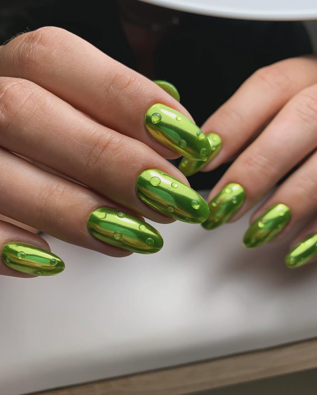 Lime Green Chrome Water Droplet Oval Nails