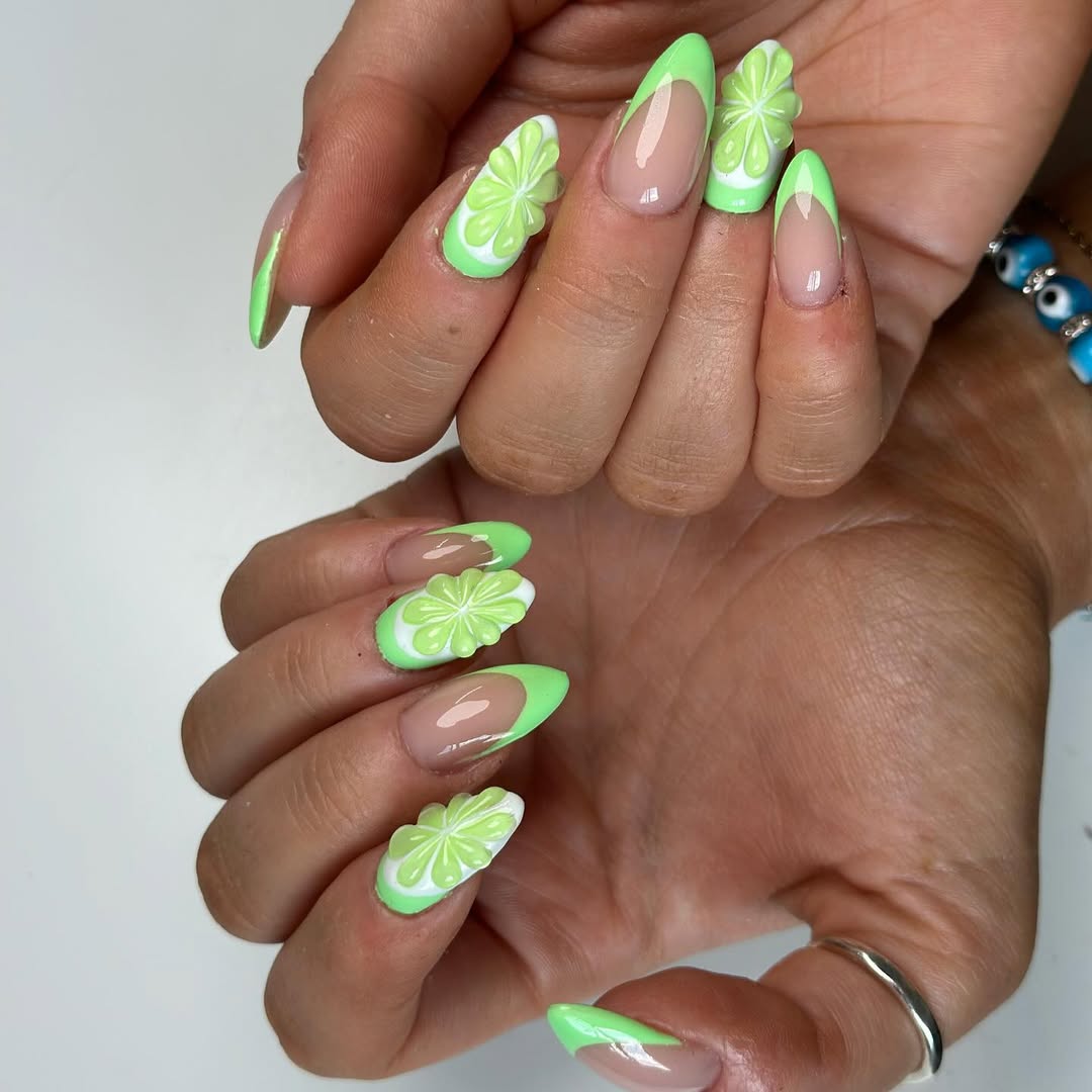 Lime Green French Tips with Whimsical Citrus Details