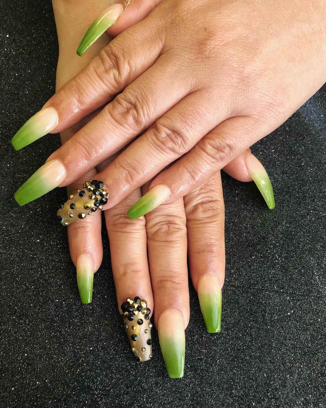 Lime Green Ombre Coffin Nails with Rhinestone Accent