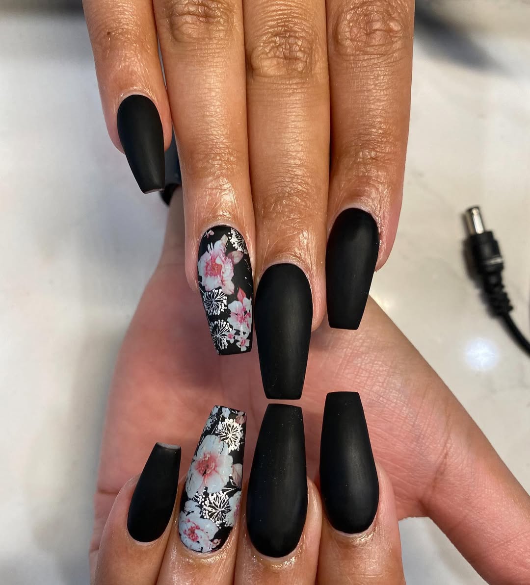 Matte Black Coffin Nails with Floral Decals