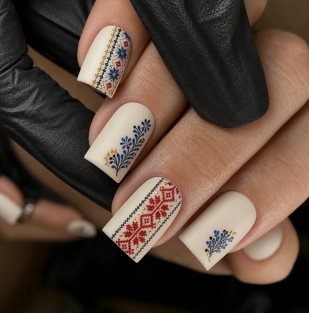 Matte Cream Folk Art Square Nails