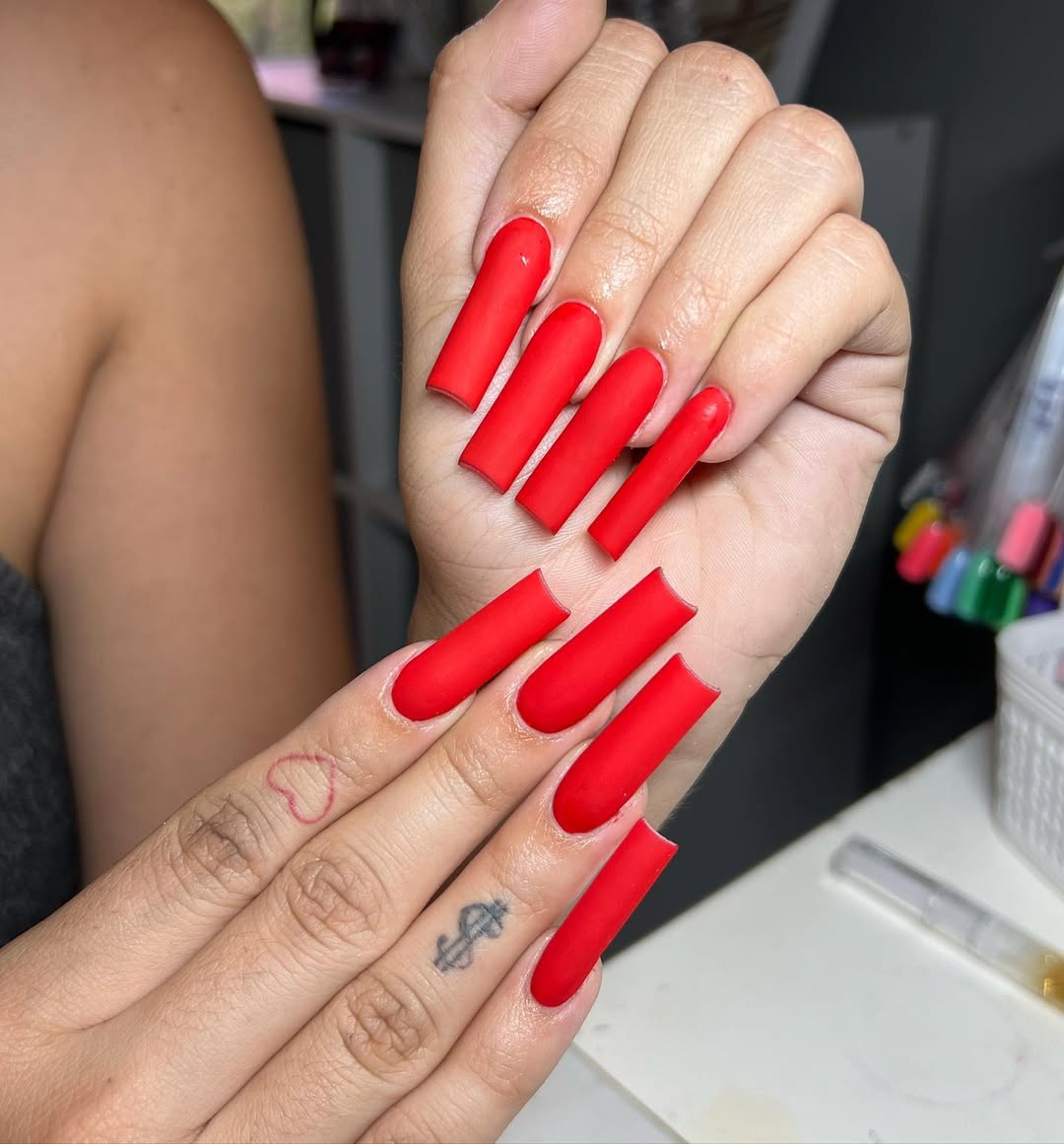 Matte Crimson Long Square Nails
