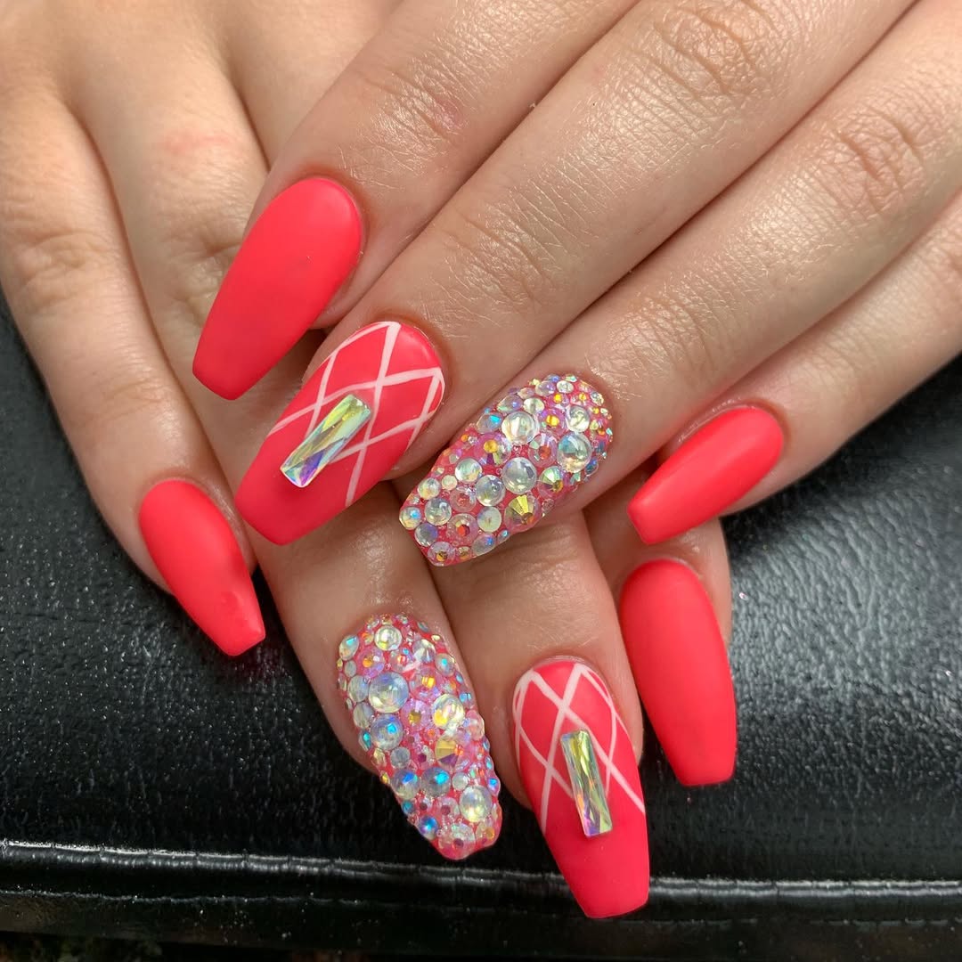 Matte Neon Coral Jewels and Crisscross Coffin Nails