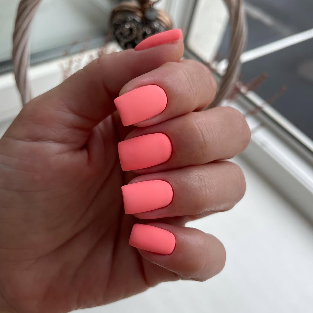 Matte Neon Coral Square Nails