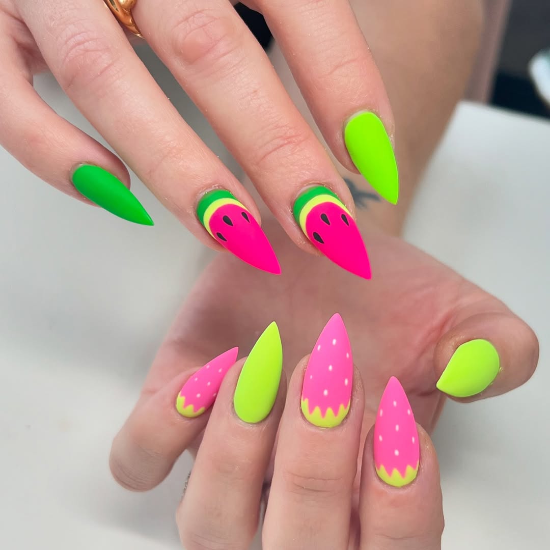 Matte Neon Fruit Stiletto Nail Art
