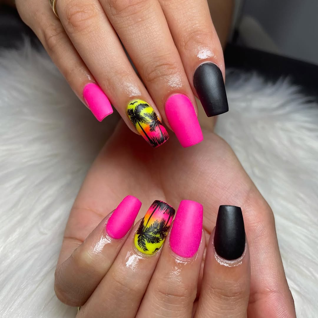 Matte Neon Pink Black Sunset Palm Coffin Nails