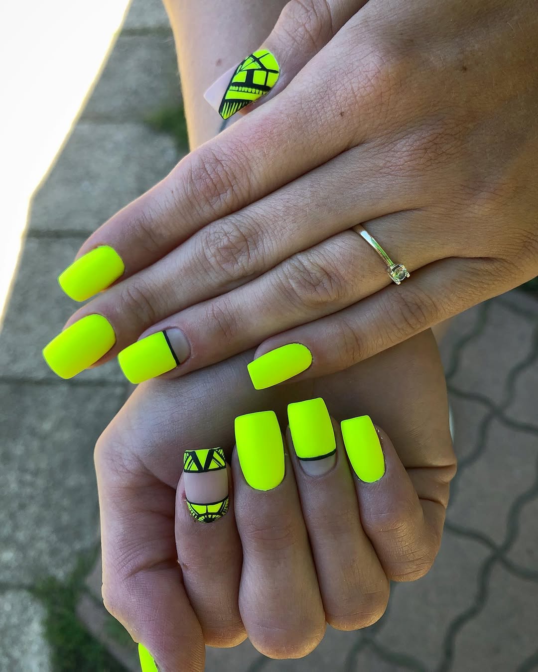 Matte Neon Yellow Black Graphic Coffin Nails