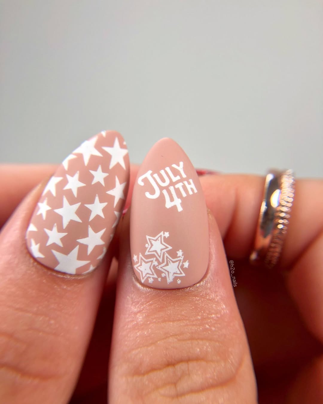 25 Patriotic Nail Ideas for 2026 You’ll Love 6 Matte Nude July 4th Stamped Stars Almond Nails