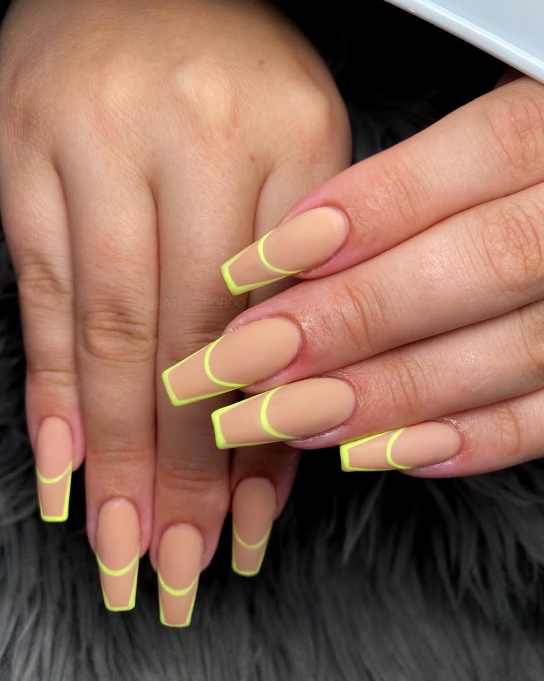 Matte Nude Neon Yellow Abstract French Coffin Nails