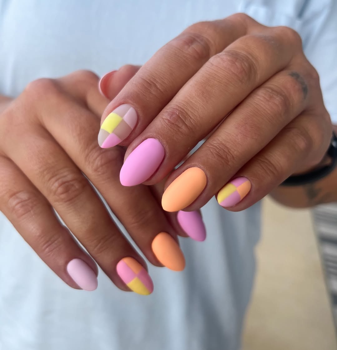 Matte Pastel Pink Orange Checkerboard Almond Nails